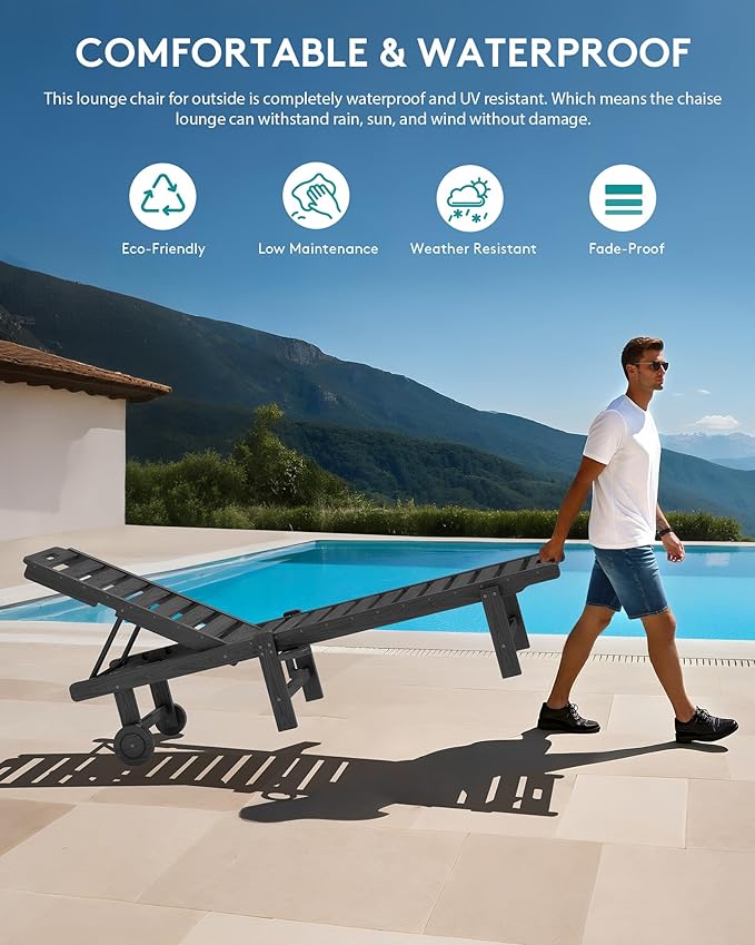 SERWALL Patio Chaise Lounge Chair, HDPE Outdoor Lounge Chair with Cup Holder, 5 Positions Adjustable Poly Lounger with Rolling Wheels for Poolside, Deck, Sunbathing, Grey