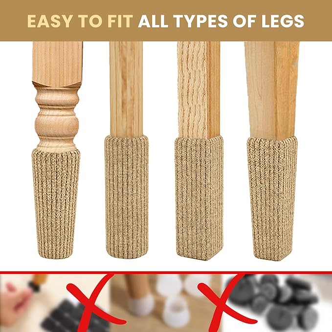 16 Pcs Khaki Chair Socks - Premium Knitted Protectors for Hardwood Floors - Easy to Fit All Leg Shapes - Noise Reduction and Scratch Protection - High Elastic Bar Stool Leg Covers - Furniture Pads