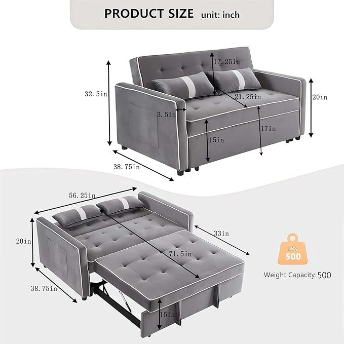 3 in 1 Convertible Loveseat Sleeper Sofa, Modern Futon Couch with Adjustable Backrest, Pull Out Sofa Bed Upholstered for Living Room Bedroom Apartment Small Space (Grey)