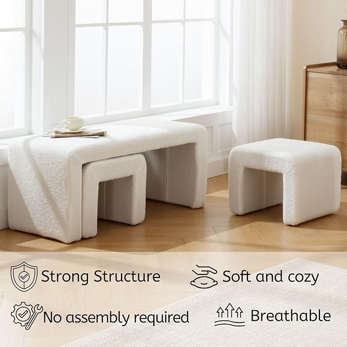 LukeAlon 3-Piece Nesting Ottoman Bench Set, 40.5" Wide Upholstered End of Bed Bench with 2 Small Stools Sherpa Comfy Entry Bench Vanity Stools Modern Arched Bench for Living Room Bedroom, White