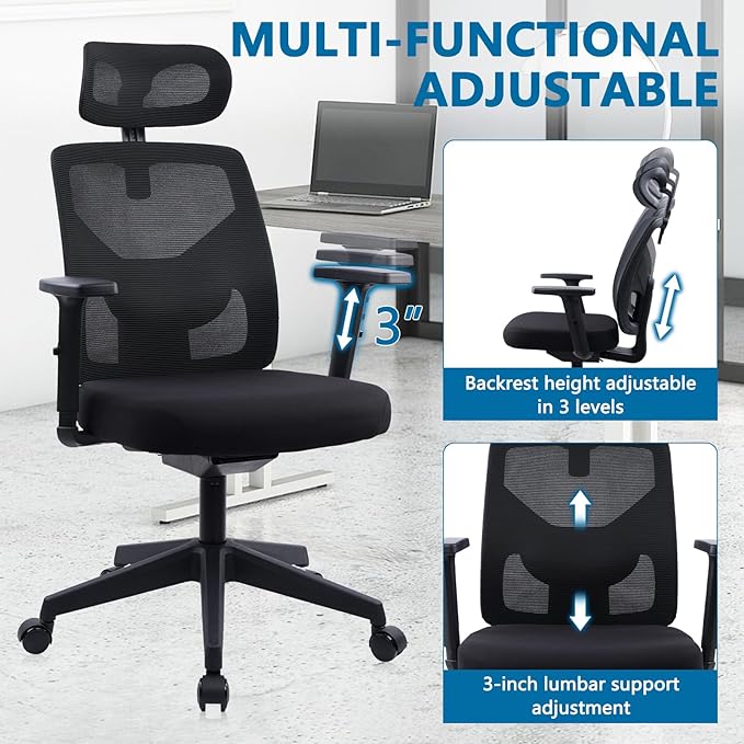 CLATINA Ergonomic Office Chair Computer Desk Chair with High Back Mesh and Adjustable Lumbar Support Rolling Work Swivel Task Chairs with Wheel 3D Armrests and Headrest, Black, 4 Pack