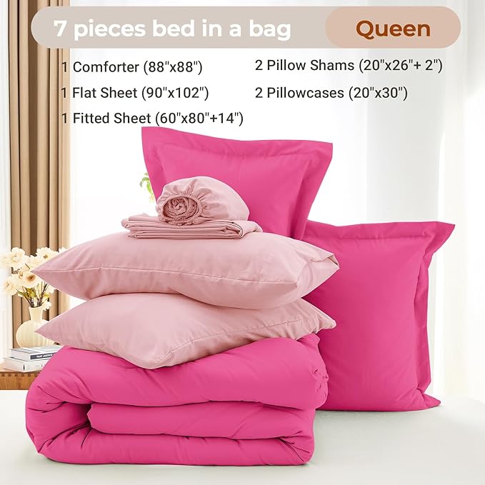 MUXHOMO 7 Pieces Queen Comforter Set, Soft Bed in a Bag Queen Size, All Season Bedding Set with Comforter, Flat Sheet, Fitted Sheet, Pillowcases & Shams, Hot Pink & Baby Pink