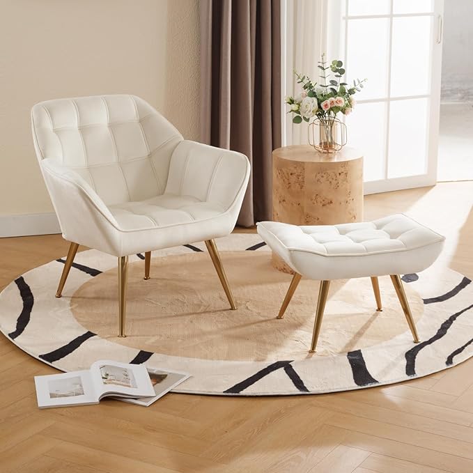QUINJAY Modern Velvet Accent Chair with Ottoman, Upholstered Lounge Chair with Footrest, Comfy Living Room Chair with Gold Legs Accent Side Chair Armchair for Small Space Bedroom Apartment, Beige