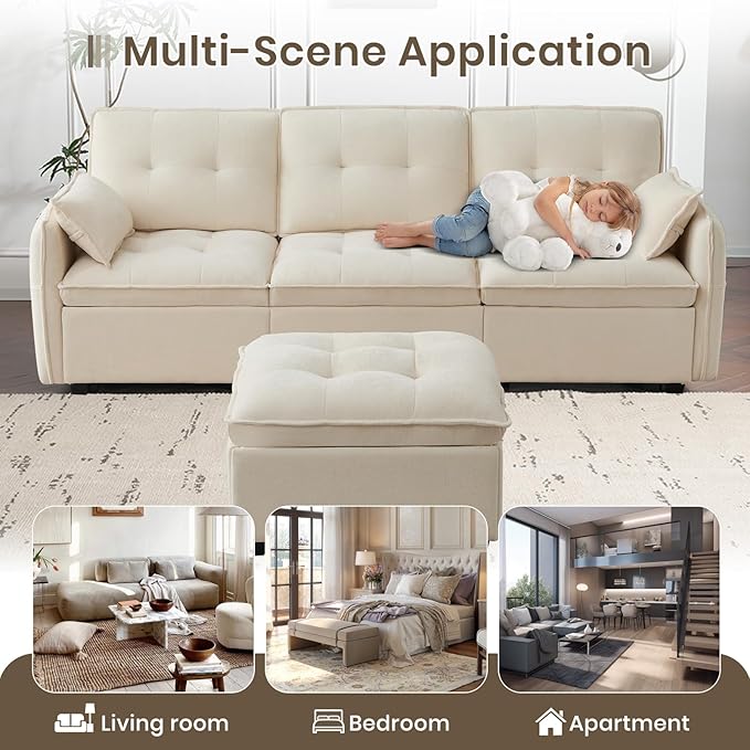 PALLOME 96" Modular L-Shaped Sofa - 3-Seat Cloud Couch with Movable Ottoman, Extra Deep Seat Sofa Couch with Throw Pillows for Living Room & Small Spaces (Beige, 3-Seat + Ottoman)
