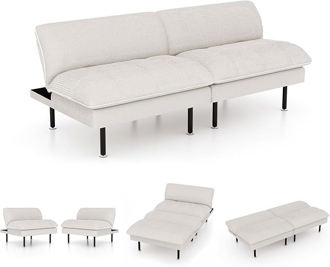 2 Sets 70" Futon Sofa Bed, 4 1 Multi-Function Couch Sleeper with Adjustable Backrest, Modern Convertible Futon, Recliner Small Loveseat for Living Room, Beige