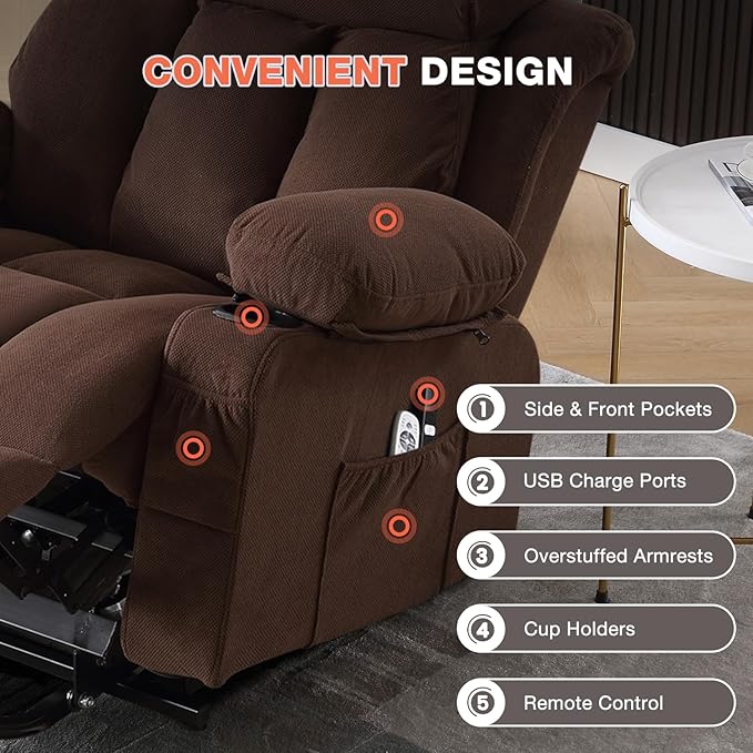 Power Lift Recliner Chair for Elderly with Vibration Massage and Lumbar Heating, Electric Lift Recliner Single Sofa with Side Pocket, Two Cup Holders and USB Charge Port for Living Room
