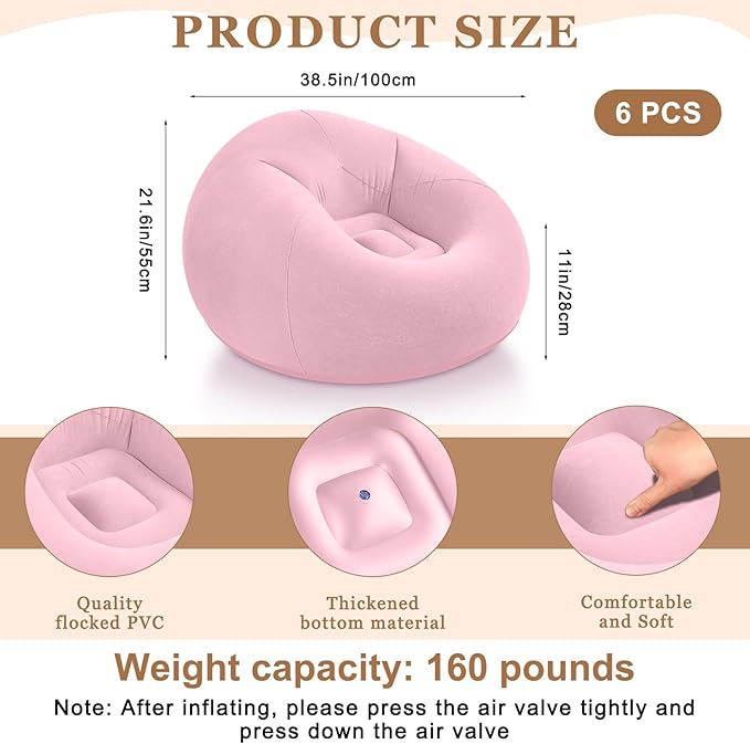 Realspring 6 Pcs Inflatable Bean Bag Chairs for Adults with Electric Air Pump, Blow up Couch Folding Portable Inflatable Couch Lazy Sofa for Outdoor Movie Nights Camping Room (Pink)