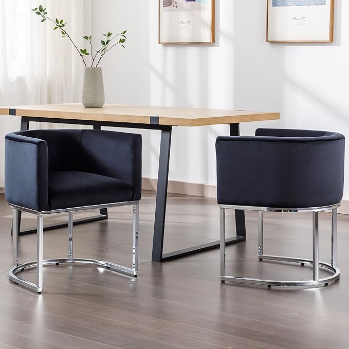 VESCASA Velvet Upholstered Dining Chairs with Barrel Back, Mid Century Modern Padded Restaurant Chairs with Chrome Metal Frame for Kitchen, Dining Room, Set of 2, Black