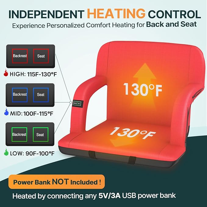 HOPERAN 25" 2pcs Dual-Sided Heated Stadium Seats for Bleachers with Back Support, 3 Levels Heating Stadium Seating for Bleachers Seat with Backrest, 5 Pockets Portable Stadium Chair(Red)