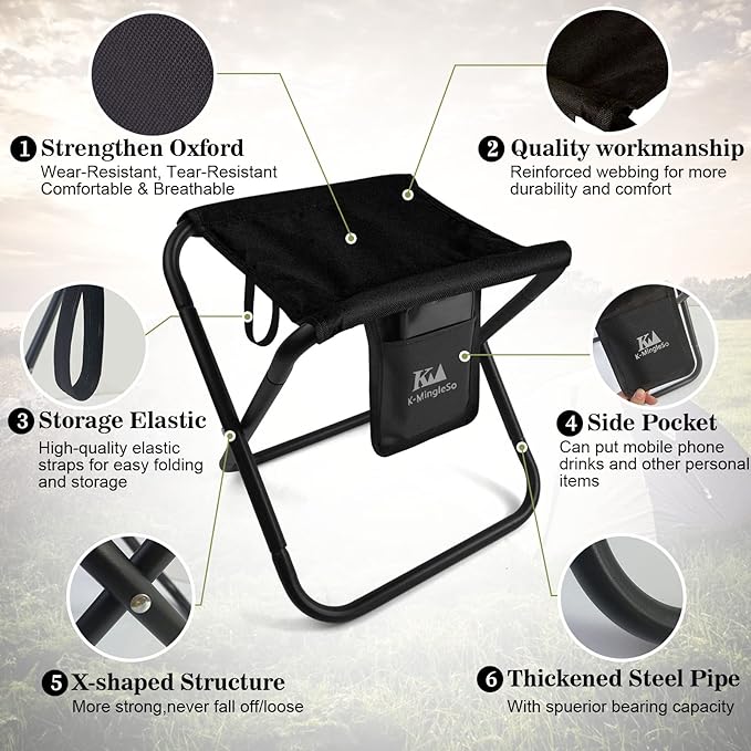 K-MingleSo Upgraded Portable Folding Stool, 13 Inch Camping Stool for Adults Fishing Hiking Gardening and Beach with Carry Bag, Hold Up to 450lbs[Black]