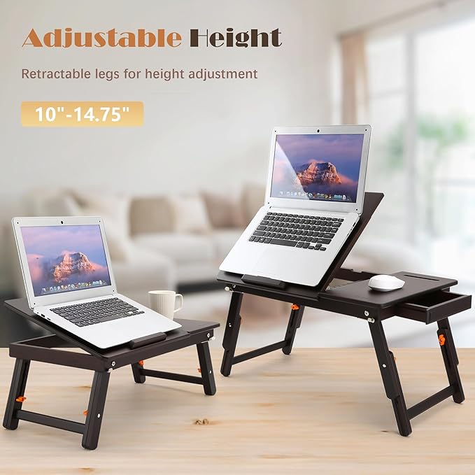 Laptop Desk for Bed with Fan Nnewvante 7 Angles & 4 Heights Adjustable Bamboo Laptop Table Foldable Lap Desk with Drawer and Phone Slot for Bed Floor Sofa, Black Walnut
