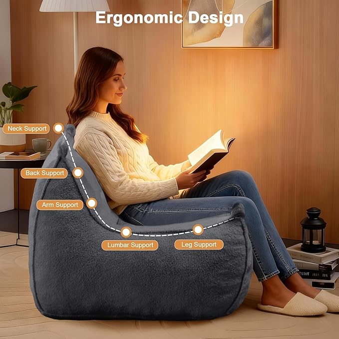 Giant Bean Bag Chair for Adults, Comfy Grey Beanbag with Filling Plush Fluffy and Back Support, Lounge Lazy Floor Sofa Accent Chair, Cozy Single Cloud Couch for Living Room, Bedroom & Dorm