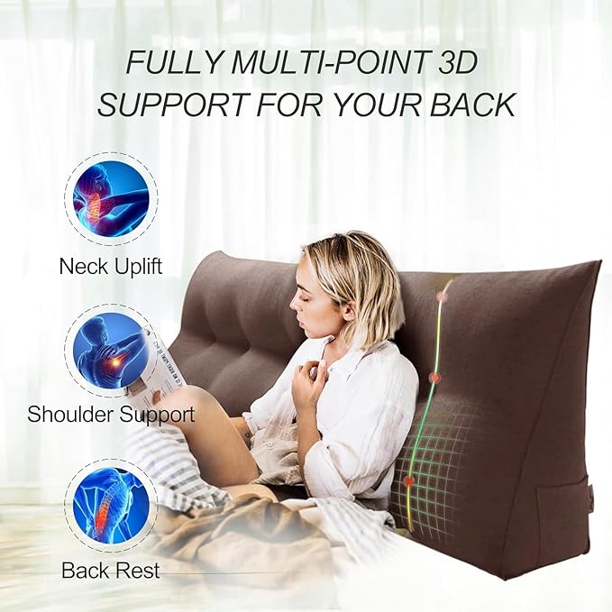 WOWMAX 80% Cotton & 20% Linen Blend Headboard Pillow – King Size Reading Wedge Backrest for Bed, Handmade Firm Support Bolster Cushion with Removable Cover, Premium Bed Rest Pillow, Brown