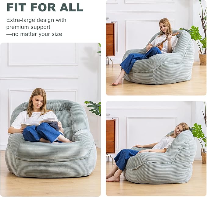 Giant Bean Bag Chair with Armrests - Oversized Cozy Seating for Adults, Corduroy Fabric & High-Resilience Foam Filling, Ideal Lounge for Living Room, Bedroom & Gaming Room (Mint Green)