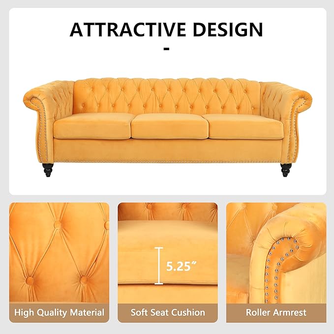 QHITTY Accent Large Sofa, Chesterfield Couch 3 Seater Modern Velvet Couch Upholstered Sofa with Tufted Back for Living Room Furniture (Mango)