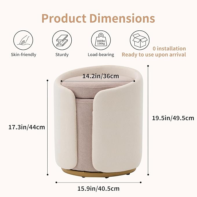 Vanity Chair with Storage, Round Boucle Vanity Stool No Wheels, Swivel Ottoman Chair with Upholstered for Women, Makeup Chairs Accent Stool with Back for Living Room, Gold Base, Beige