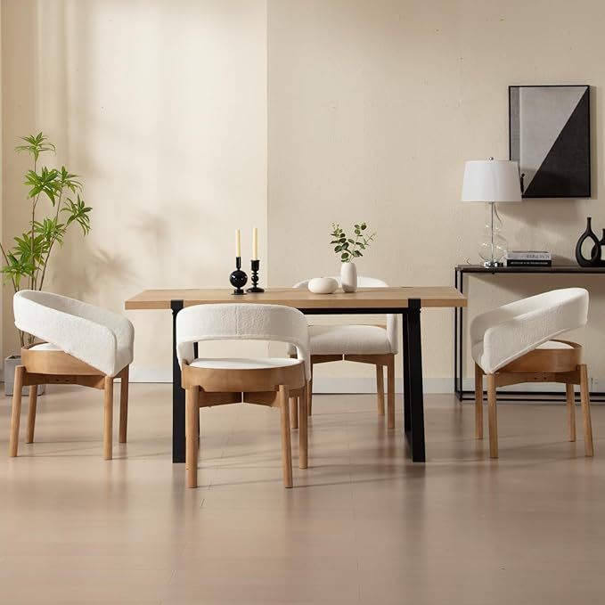 DUOMAY Modern Sherpa Dining Chairs Set of 2, Open Back Kitchen Chairs with Solid Wood Legs Upholstered Curved Back Side Chairs for Kitchen Restaurant, Fur White