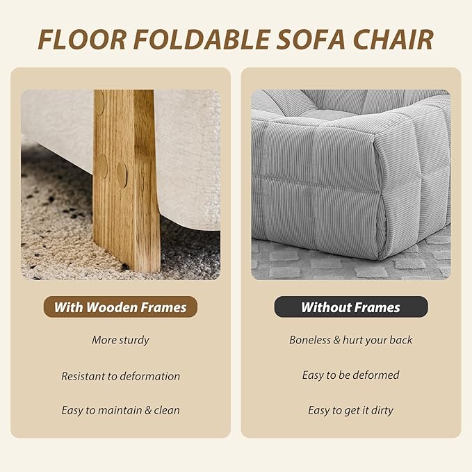 Folding Sofa Bed with Ottoman, 2-in-1 Fold Out Single Sleeper Chair with Wooden Frame, Headrest & Lumbar Pillow, Chenille Boneless Memory-Foam Filled Floor Couch Seating for Living Room Reading, Beige