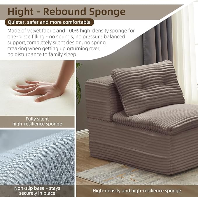 80" Foldable Floor Couch, 3-Seat Convertible Sleeper Sofa with Chaise Lounge, Blanket and 3 Soft Pillows, Corduroy Fabric, for Living Room, Bedroom, Apartment, No Assembly Required, Coffee