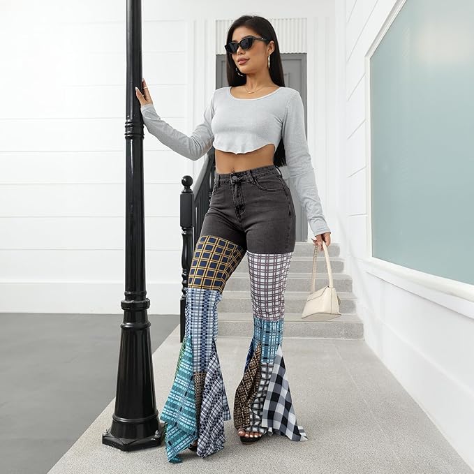 ThusFar Women High Waist Patchwork Flare Jeans Plaid Bell Bottom Ruffle Hem Denim Long Pants Trousers