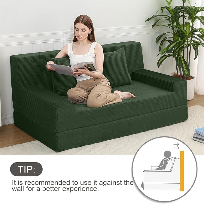 MeMoreCool Boneless Folding Sofa Bed, Corduroy Convertible Sleeper Chair, Foldable Foam Mattress Chair, Comfy Fold‑Out Futon Couch Bed, Large Floor Sofa Couch for Living‑Room Guest Dark Green