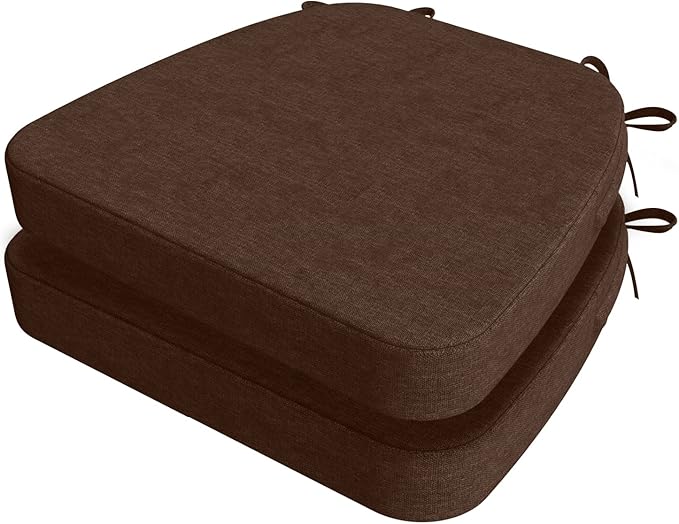 AAAAAcessories D-Shaped Chair Cushions, 2" Thick Dining Chair Pads with Ties and Removable, Machine-Washable Cover, 17" x 16", Set of 2, Brown