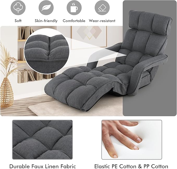 RELAX4LIFE Floor Chair Sofa Bed - Folding Lazy Sofa w/6-Position Adjustable Backrest, Armrests & 8-Level Footrest for Living Room Bedroom, Gaming Floor Chairs for Adults, Foldable Chaise Lounge Indoor