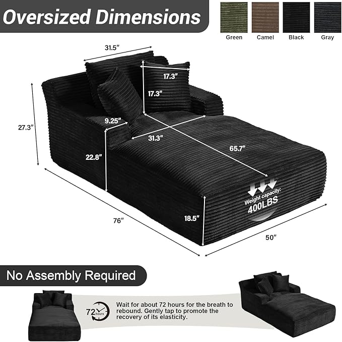 50"W x 76"D Oversized Chaise Lounge Chair Indoor Boneless Reading Chair Plush Corduroy Recliner Large Deep Seat Upholstered Sleeper Comfy Sofa Bed Couch with 3 Pillows for Living Room Bedroom, Black