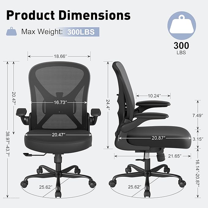 ZZH Mesh Office Chair with Adjustable Lumbar Support and Flip-up Arms, Ergonomic Home Office Desk Chair with Wheels, Black