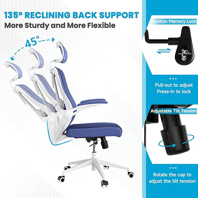 Ergonomic Office Chair - 400LB Comfy Desk Chairs with Adjustable Headrest and Lumbar Back Support, Mesh Computer Chairs with Wheels and Arms for Home Office, Study (Blue-with Headrest)