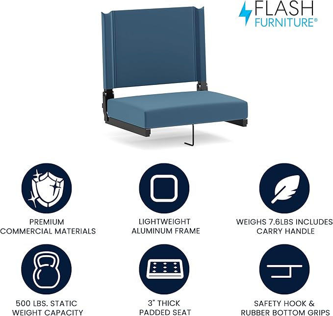 Flash Furniture Grandstand Portable Stadium Seat for Bleachers or Benches, Folding Padded Stadium Chair with Carrying Handle, 500 lb. Weight Capacity, Teal