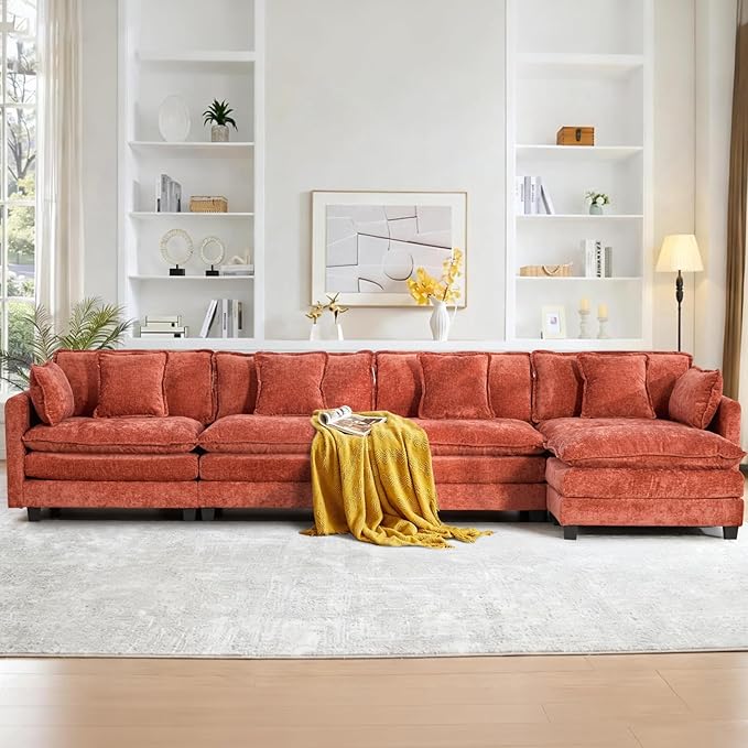 SoarFlash 149.61" Chenille Sectional Sofa, Comfy L Shaped Modular Coush Sofa with Ottoman, Modern 4 Seat Couch Deep Seat Sofa Set for Living Room,Orange