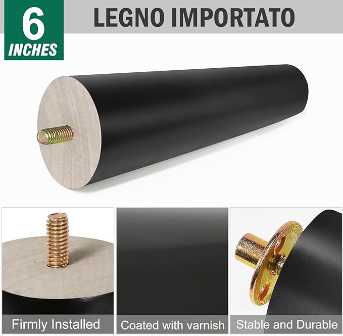 FoDau770 Black Rubber Wood Furniture Legs 6 Inches, Straight Tapered Wood Feet Mid Century Sofa Legs Set of 4, 5/16" UNC Furniture Feet for Cabinet Couch Dresser Chair Ottoman Table