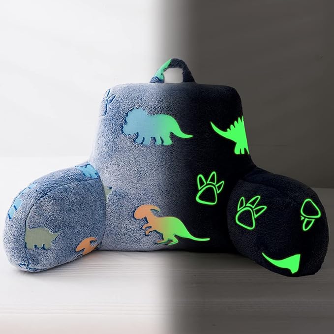 Holawakaka Glow in The Dark Reading Pillow for Sitting up in Bed Sofa Kids Teens, Luminous Dinosaurs Backrest Pillow with Arms, Boys Girls Back Support Cushion for Couch Floor Nursery Playroom