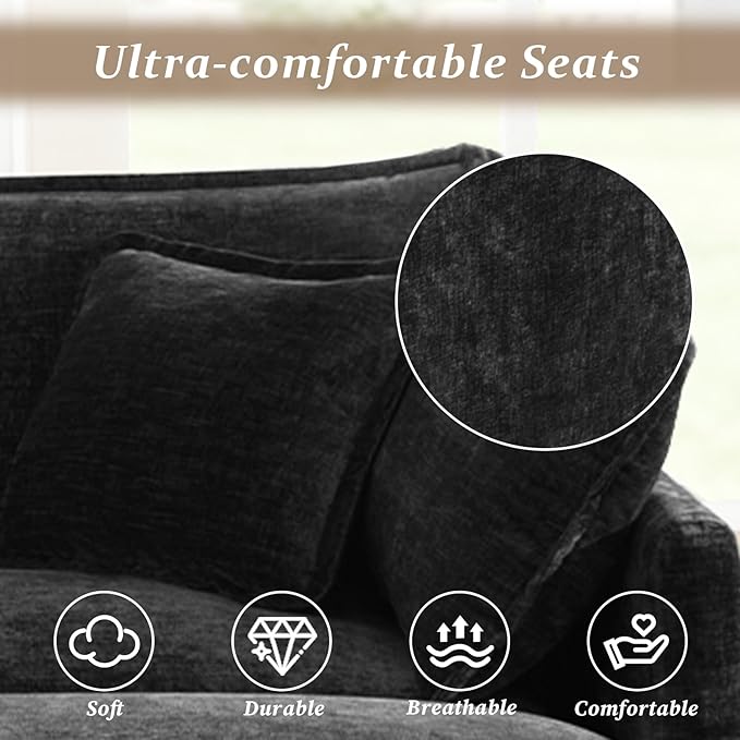 SoarFlash Chenille Sectional Sofa, Comfy Modular Loveseat Sofa, Modern 2-Seat Couch Deep Seat Sofa Set for Living Room,Black