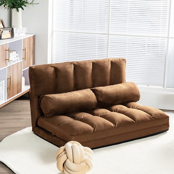DORTALA Foldable Floor Sofa, 6-Position Adjustable Lounge Couch with 2 Pillows & Suede Cloth Cover, Modern Lounge Mattress Video Gaming Lazy Couch, Suede Floor Seating Sofa, 71" x 44.5", Beige