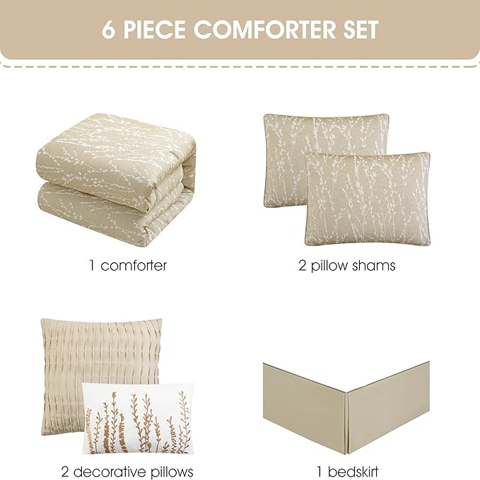 Grand Avenue 6 Piece Cotton Taupe Comforter Set, California King Size Jacquard Bedding Set, All Season Floral Leaves Bedding Set, Matching Pillows, Shams, Bed Skirt