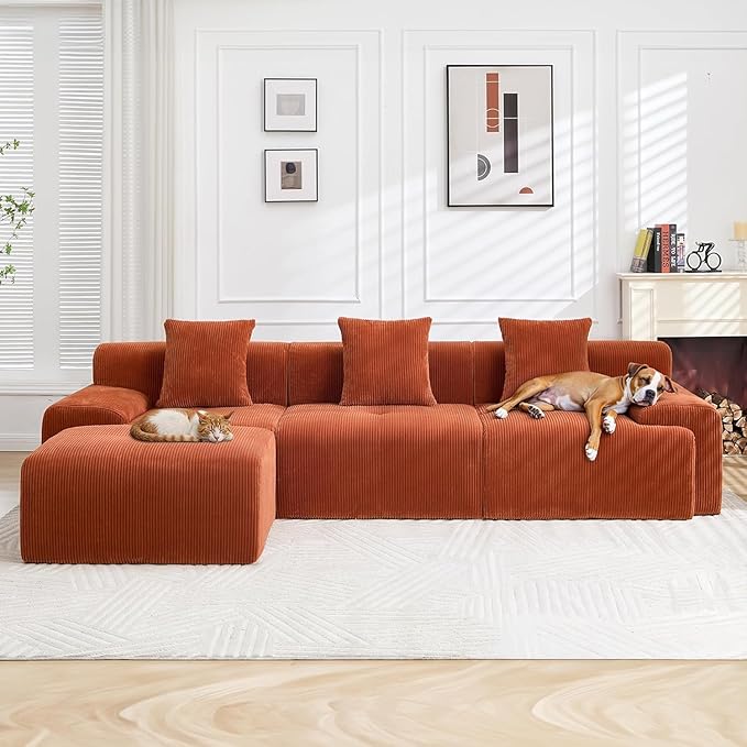 118" Modular Sectional Sofa, Cloud Sectional Couch with Chaise, Modern Boneless L-Shaped Sofas with Deep Seat, Upholstered Comfy Couches for Living Room, No Assembly Required, Plush Corduroy,Orange