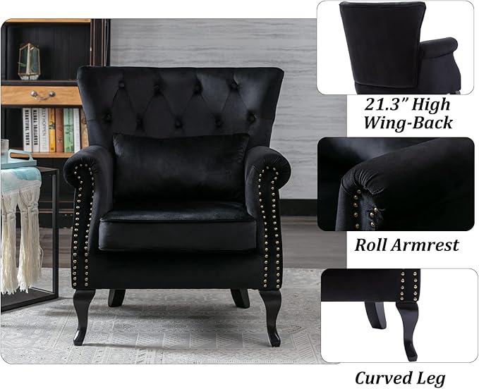 DM Furniture Set of 2 Mid-Century Modern Accent Chair, Velvet Armchair w/Tufted Back/Wood Legs, Upholstered Lounge Arm Chair Single Sofa for Living Room Bedroom, Black