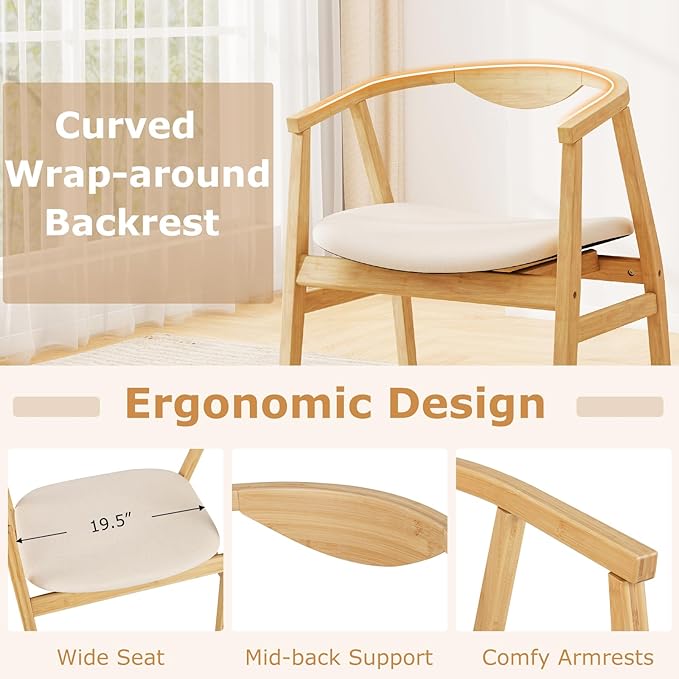 GOFLAME Bamboo Accent Chair, Mid-Century Modern Armchair with Padded Seat, Curved Backrest and Wrap-Around Armrest, Upholstered Reading Chair, Leisure Chair for Living Room, Bedroom