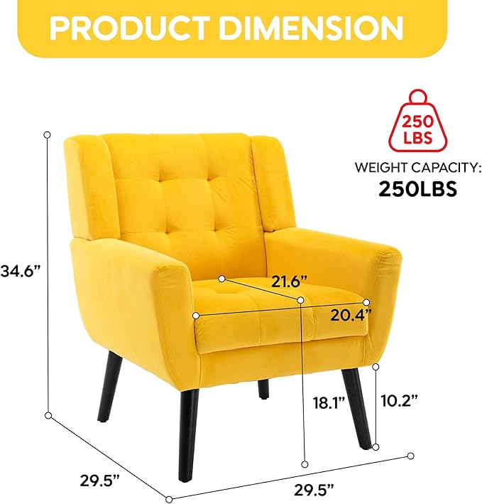 OO BY ORANGE ONLINE Velvet Accent Chair, Mid-Century Modern Tufted Armchair for Living Room, Bedroom & Office (Yellow)