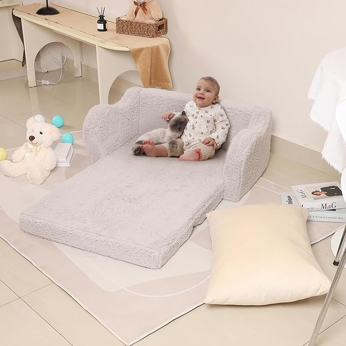 Kids Sofa, 2-in-1 Flip-Out Foam Couch, Soft Play Lounge Chair for Toddlers and Children, Extra Wide, Grey