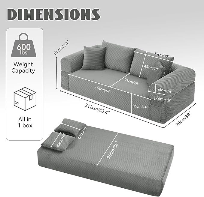 83" Sofa in a Box, 3 Seater Couch No Assembly Boneless Sofa Bed with Cushion Back 2 Pillows Deep Seat Corduroy Fabric Side Storage Pockets for Living Room, Bedroom, Apartment, Office, Light Grey