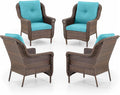 ACTREST Patio Wicker Chairs Outdoor Furniture Chair - Set of 4 Outside All Weather Lawn Dining Brown Rattan Armchair with High Back&Deep Seating for Deck Porch Balcony Backyard Garden - Turquoise