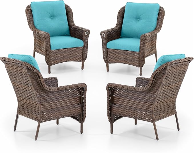 ACTREST Patio Wicker Chairs Outdoor Furniture Chair - Set of 4 Outside All Weather Lawn Dining Brown Rattan Armchair with High Back&Deep Seating for Deck Porch Balcony Backyard Garden - Turquoise