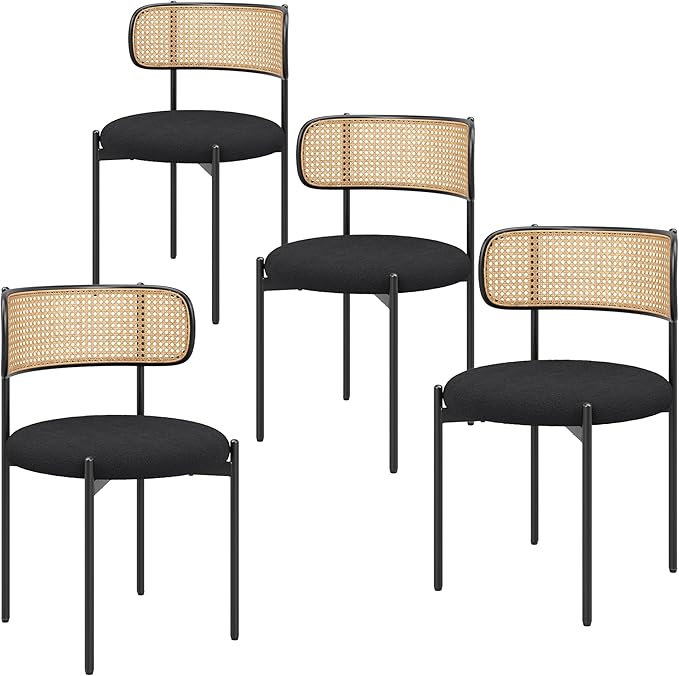Farini Dining Chairs Set of 2,Mid-Century Modern Kitchen Chair Rattan Backrest Round Upholstered Sherpa Dining Chairs with Metal Legs,Black