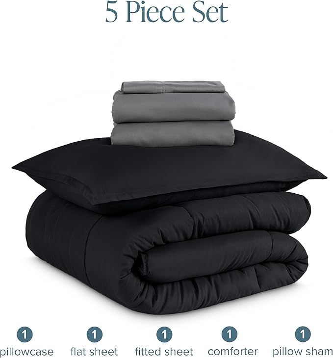 Bare Home Bed-in-A-Bag 5 Piece Comforter & Sheet Set - Twin - Goose Down Alternative - Ultra-Soft 1800 Premium Bed Set (Twin, Black/Grey)