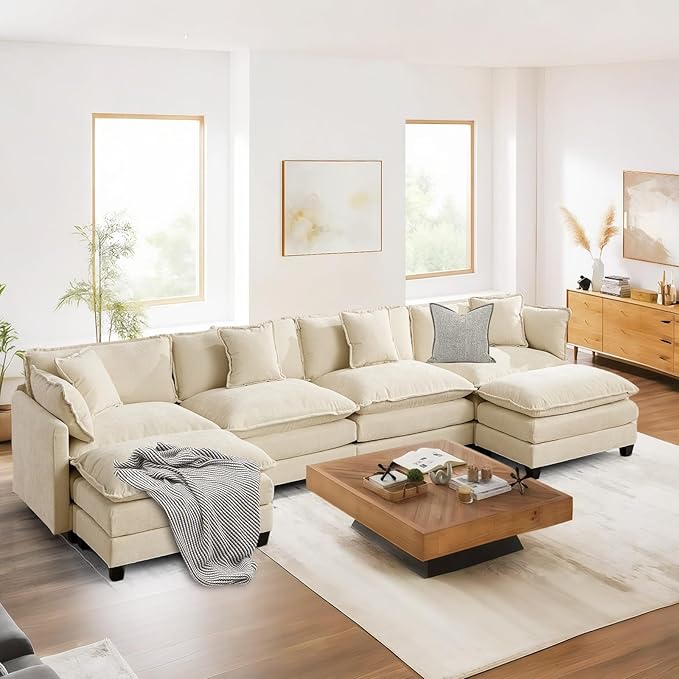 SoarFlash 149.61" Chenille Sectional Sofa, Comfy U Shaped Modular Coush Sofa with Ottoman, Modern 4 Seat Couch Deep Seat Sofa Set for Living Room,Beige