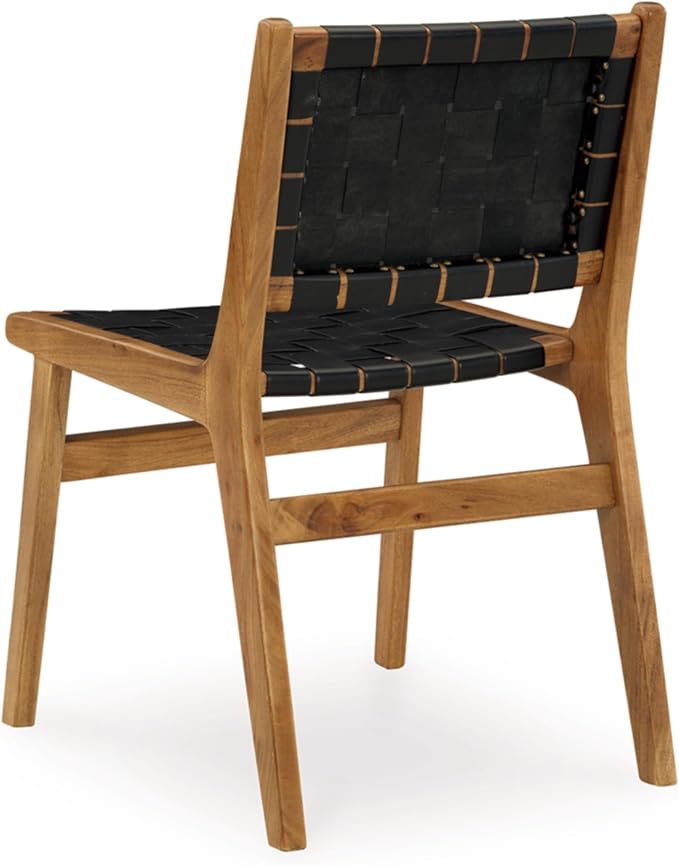 Signature Design by Ashley Fortmaine Modern Upholstered Armless Dining Chair with Open Back and Woven Leather Straps, Set of 2, Light Brown & Black