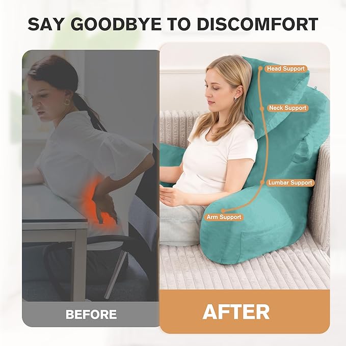 Unisakey Portable Reading Pillows with Headrest for Bed Sitting Up(Lake Blue Oeko-Tex), Velvet Back Pillow with Arms & Pockets for Adults, Support Memory Foam Bed Pillow for Dorm/Watching/Gaming